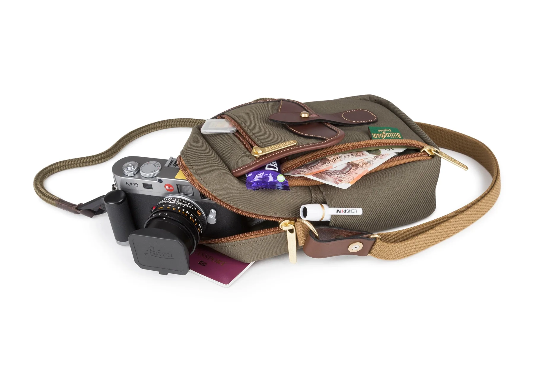 Billingham Airline Stowaway Pouch Green Fibrenyte Brown Leather