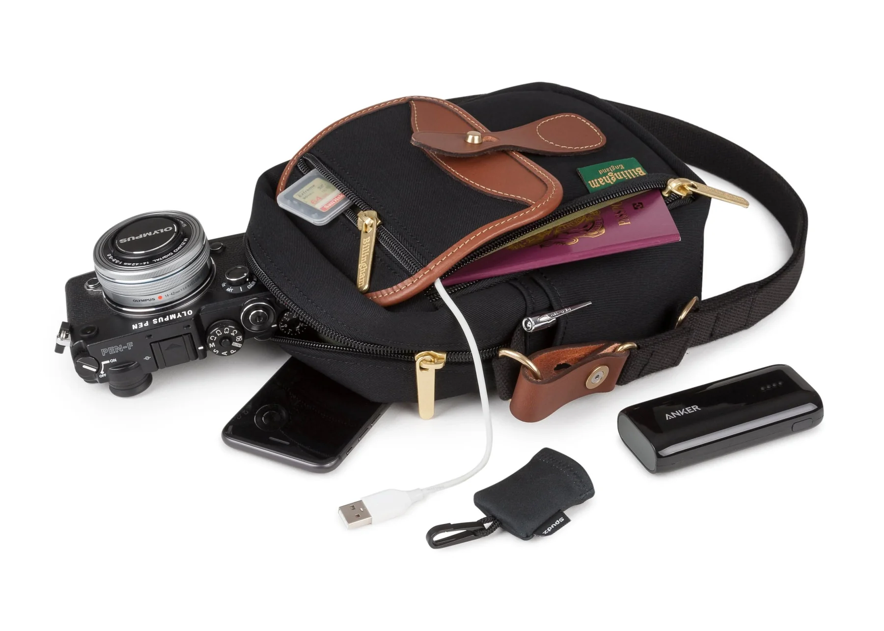 Billingham Compact Stowaway Pouch Black Canvas Black Leather