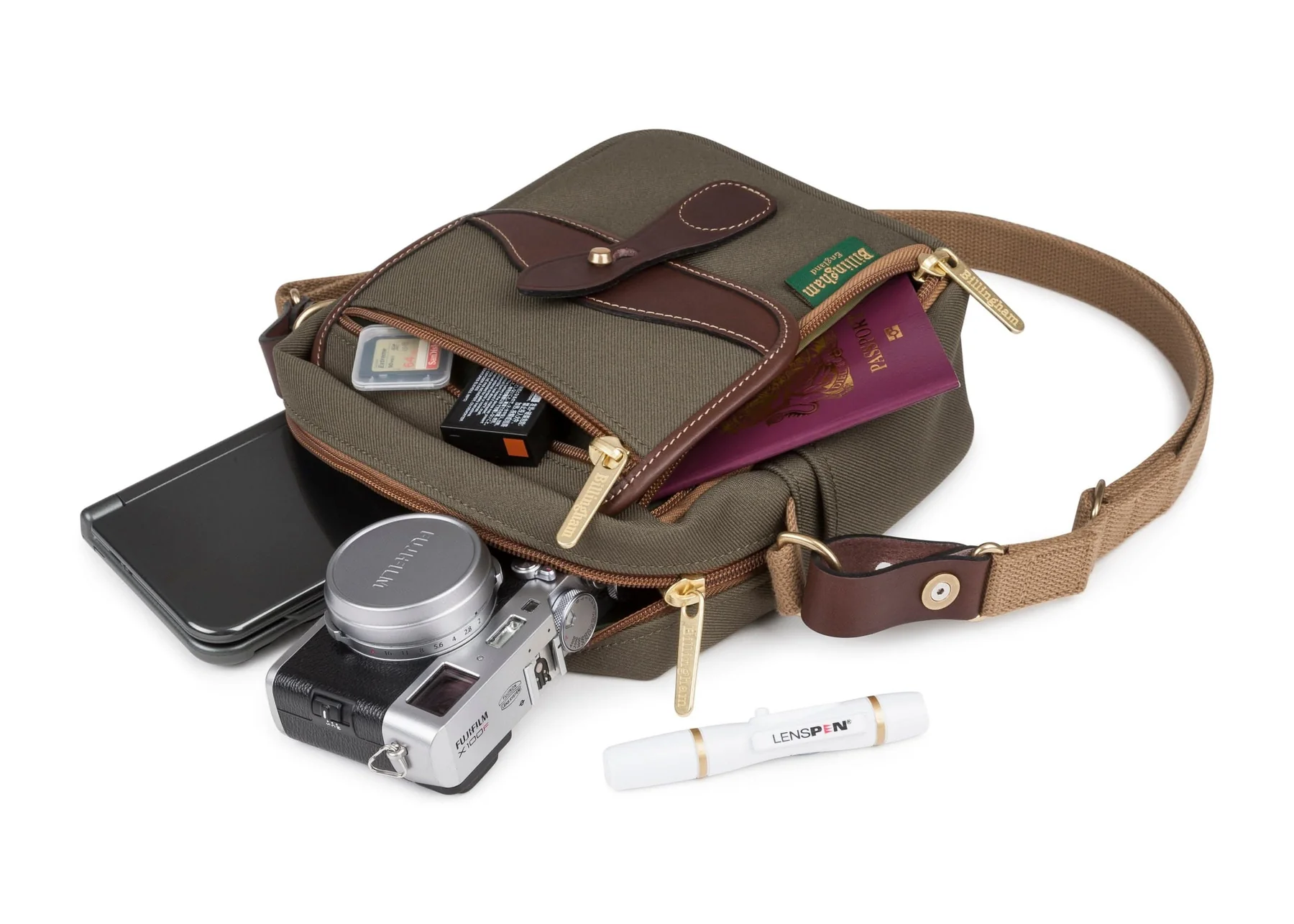 Billingham Pola Stowaway Pouch Green Fibrenyte Brown Leather