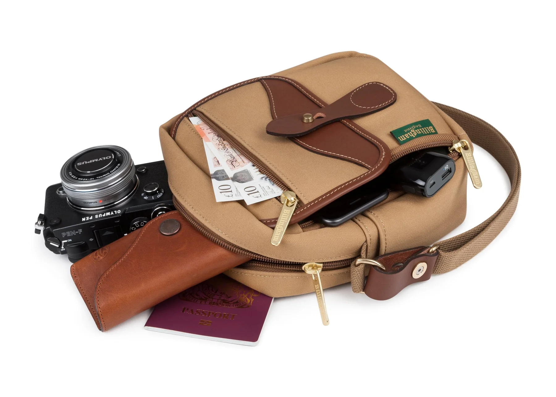 Billingham Pola Stowaway Pouch Khaki Canvas Tan Leather
